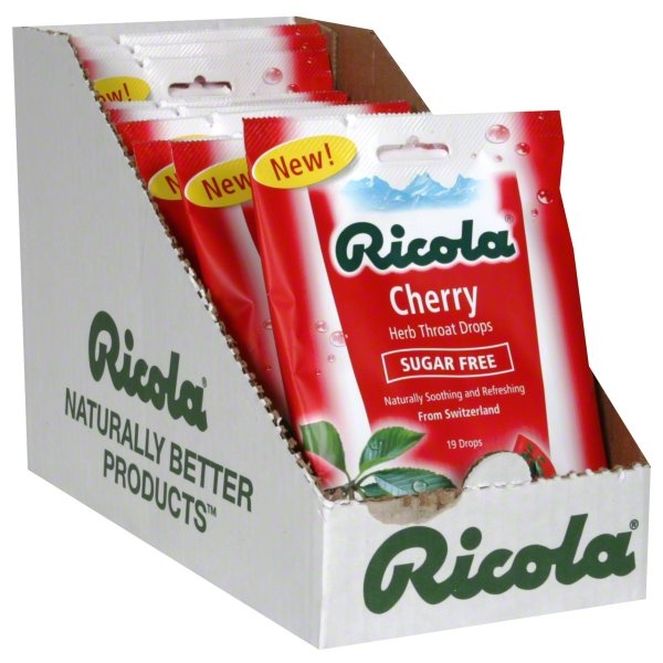 slide 1 of 1, Ricola Sugar Free Swiss Cherry Herb Throat Drops, 19 ct