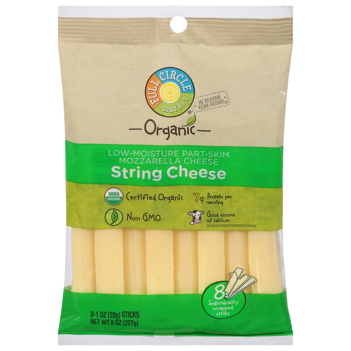 slide 1 of 15, Full Circle Market String Cheese, Part-Skim, Mozzarella, Low-Moisture, 8 ct