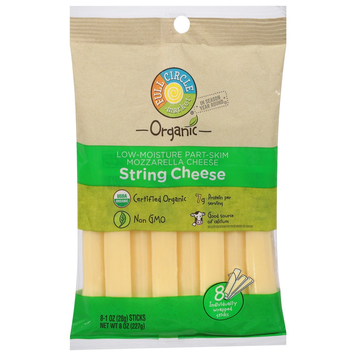 slide 7 of 15, Full Circle Market String Cheese, Part-Skim, Mozzarella, Low-Moisture, 8 ct