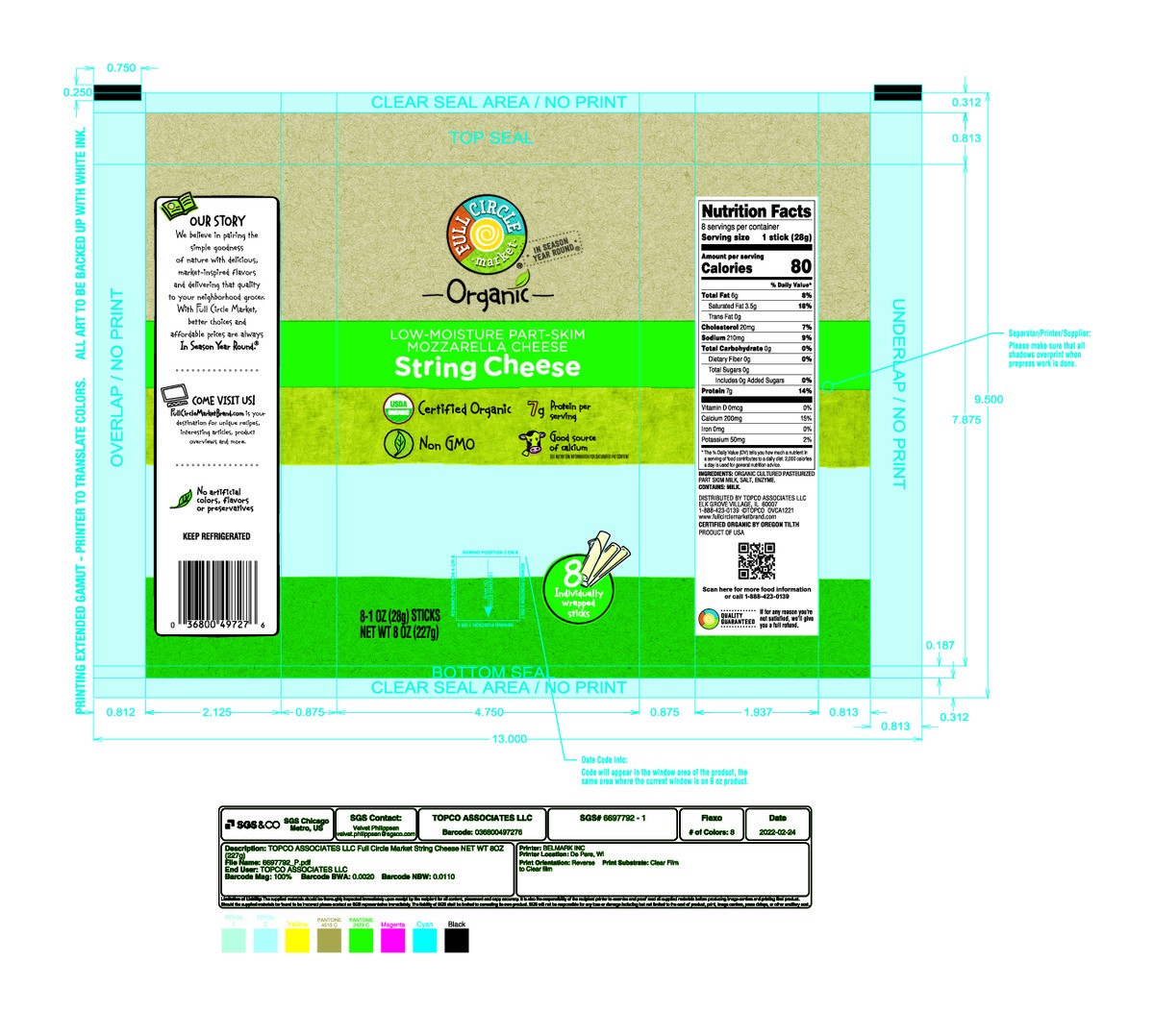 slide 8 of 15, Full Circle Market String Cheese, Part-Skim, Mozzarella, Low-Moisture, 8 ct