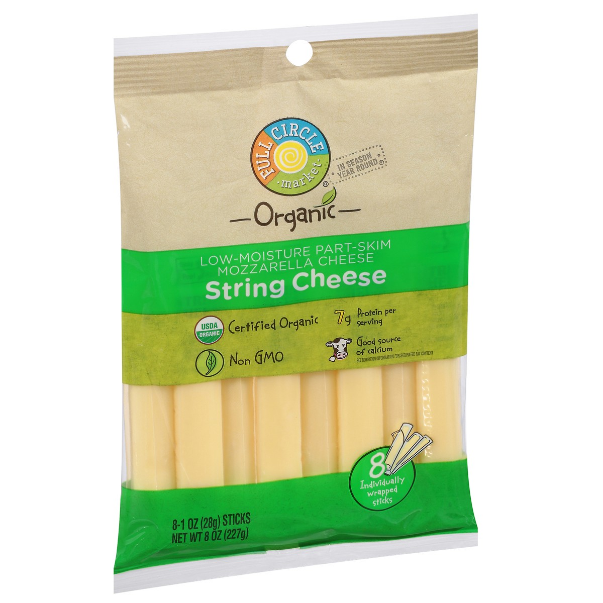 slide 9 of 15, Full Circle Market String Cheese, Part-Skim, Mozzarella, Low-Moisture, 8 ct