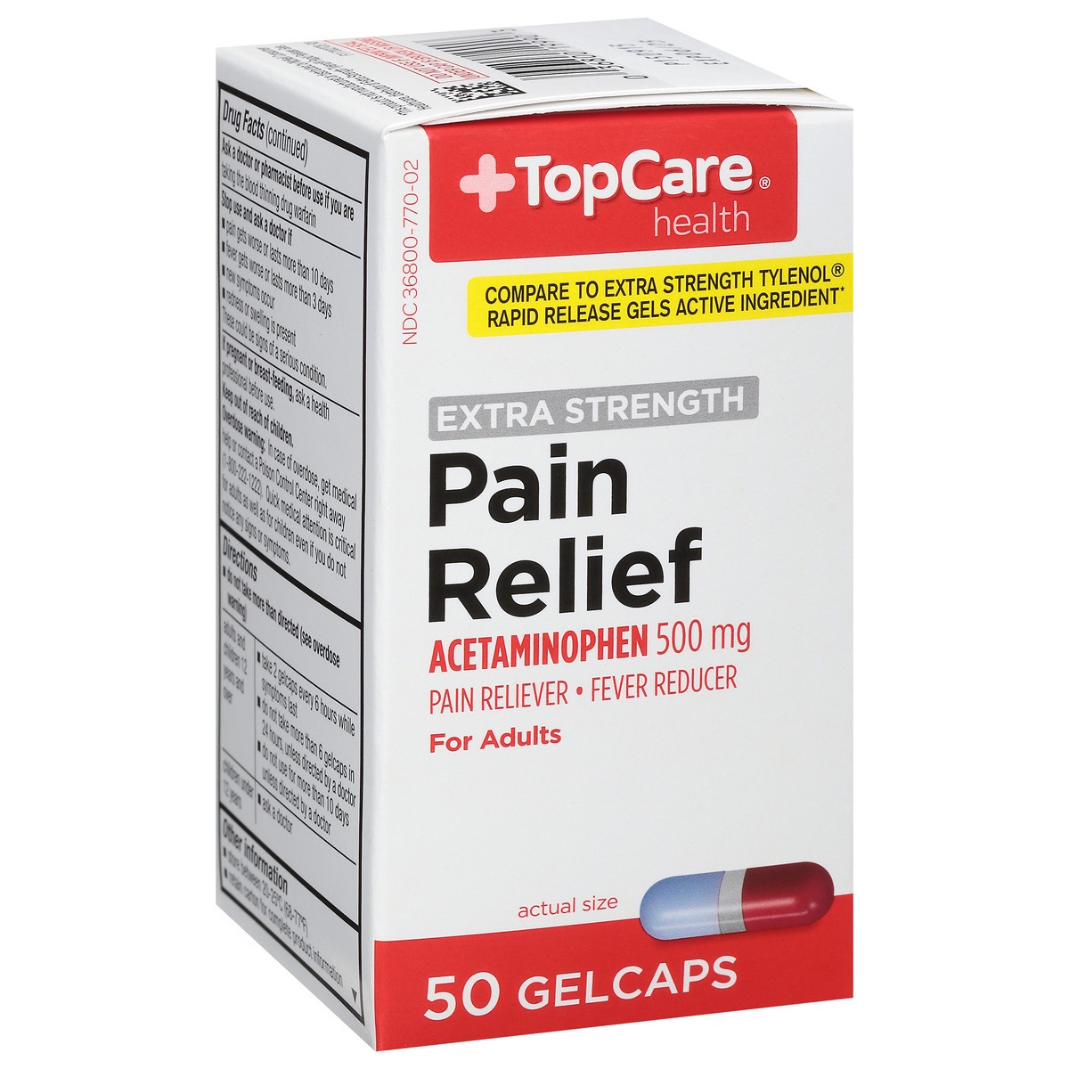 slide 6 of 10, TopCare Extra Strength Pain Relief Acetaminophen 500Mg Rapid Release Gel Caps, 50 ct