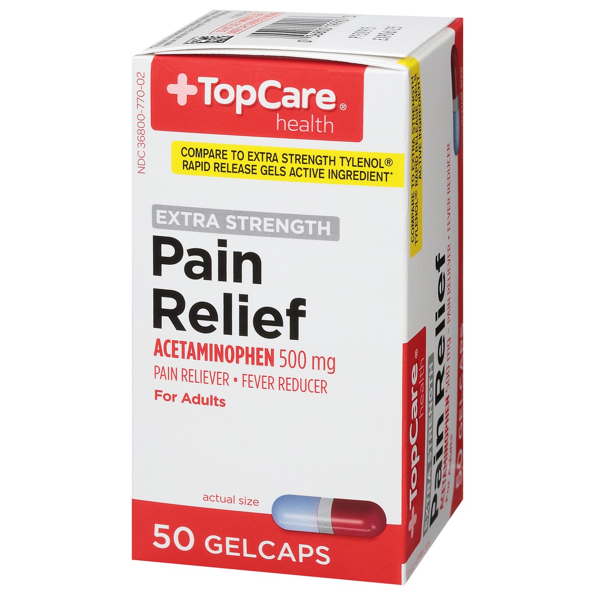 slide 2 of 10, TopCare Extra Strength Pain Relief Acetaminophen 500Mg Rapid Release Gel Caps, 50 ct