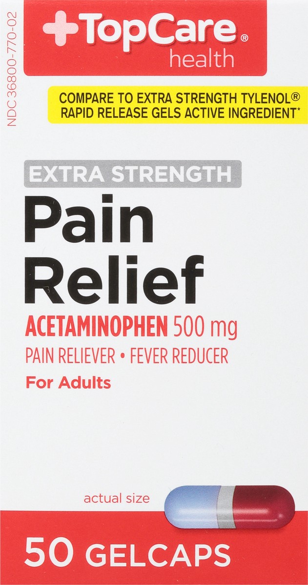 slide 4 of 10, TopCare Extra Strength Pain Relief Acetaminophen 500Mg Rapid Release Gel Caps, 50 ct