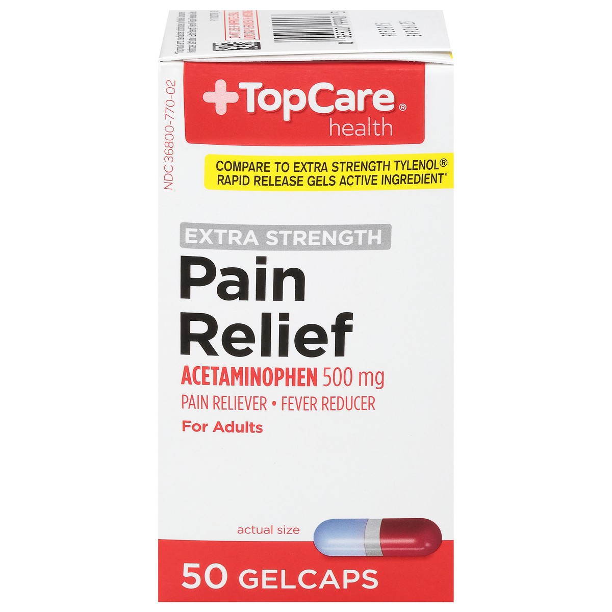 slide 8 of 10, TopCare Extra Strength Pain Relief Acetaminophen 500Mg Rapid Release Gel Caps, 50 ct