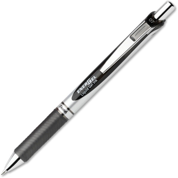 slide 3 of 3, Pentel Energel Retractable Liquid Gel Pens, Medium Point, 0.7 Mm, Silver Barrel, Black Ink, Pack Of 12, 12 ct