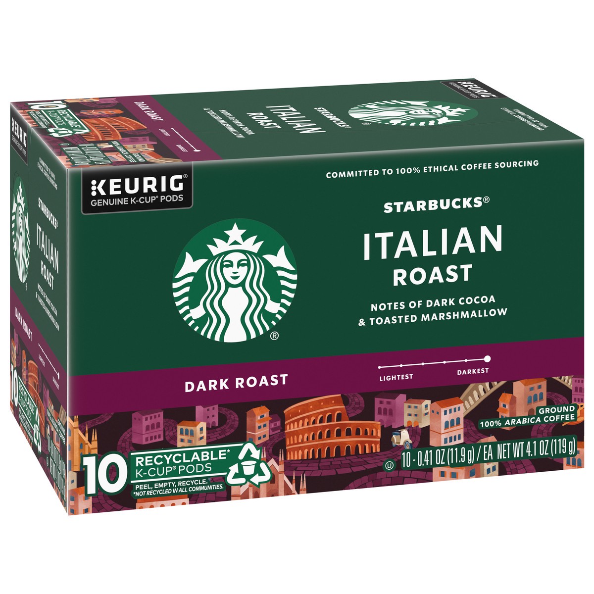 slide 2 of 9, Starbucks K-Cup Coffee Pods, Dark Roast Coffee, Italian Roast, 100% Arabica, 1 box (10 pods), 4.1 oz