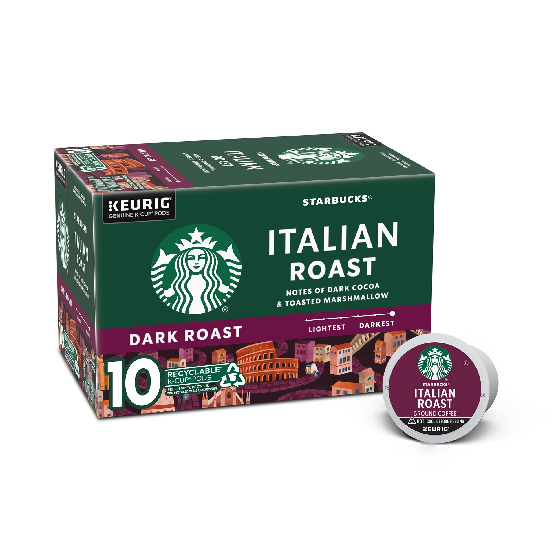 slide 1 of 9, Starbucks K-Cup Coffee Pods, Dark Roast Coffee, Italian Roast, 100% Arabica, 1 box (10 pods), 4.1 oz