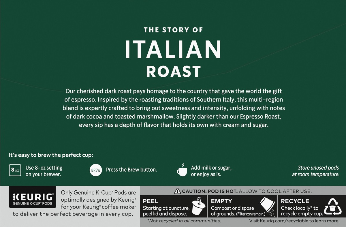 slide 4 of 9, Starbucks K-Cup Coffee Pods, Dark Roast Coffee, Italian Roast, 100% Arabica, 1 box (10 pods), 4.1 oz