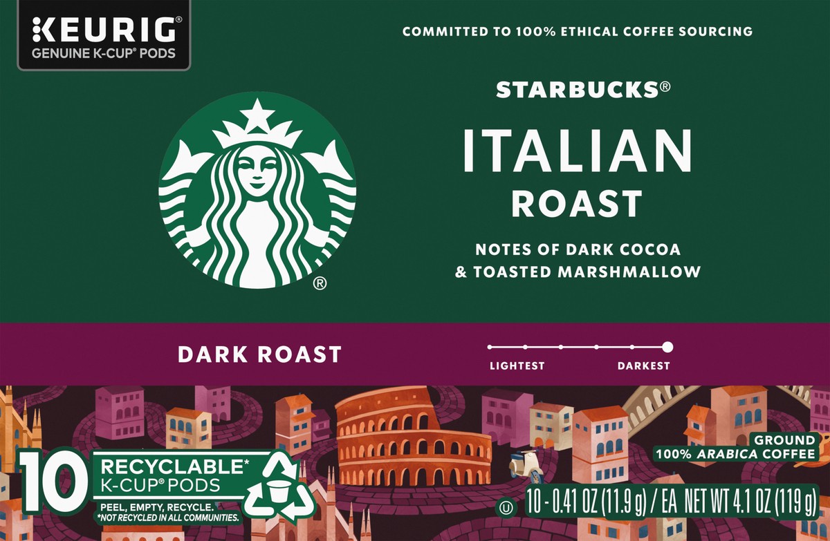 slide 3 of 9, Starbucks K-Cup Coffee Pods, Dark Roast Coffee, Italian Roast, 100% Arabica, 1 box (10 pods), 4.1 oz