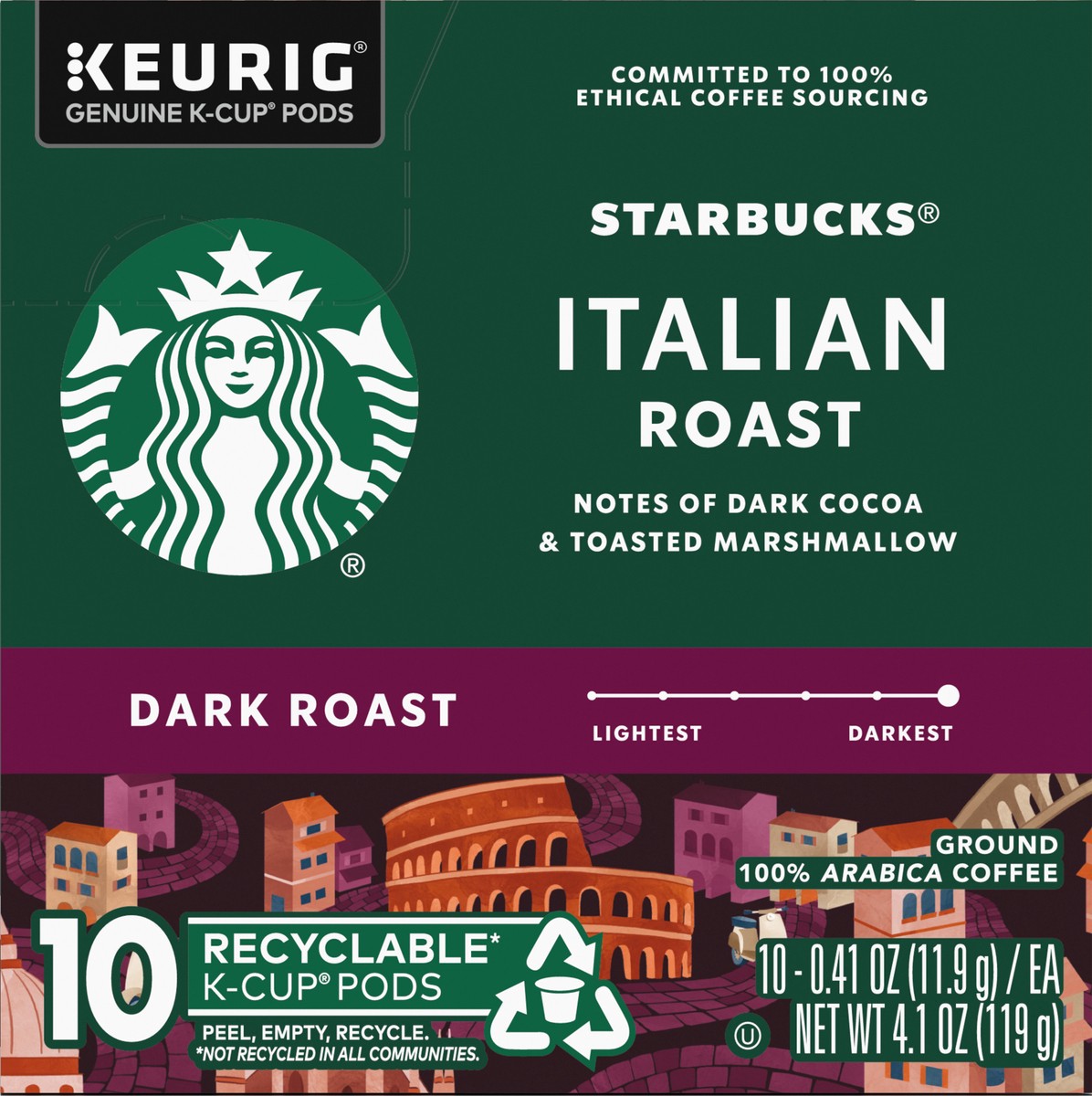 slide 6 of 9, Starbucks K-Cup Coffee Pods, Dark Roast Coffee, Italian Roast, 100% Arabica, 1 box (10 pods), 4.1 oz