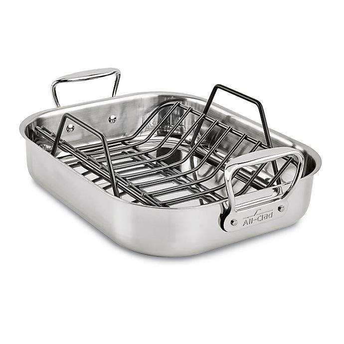 slide 1 of 1, All-Clad Stainless Steel Roasting Pan with Nonstick Rack, 14 in x 11 in