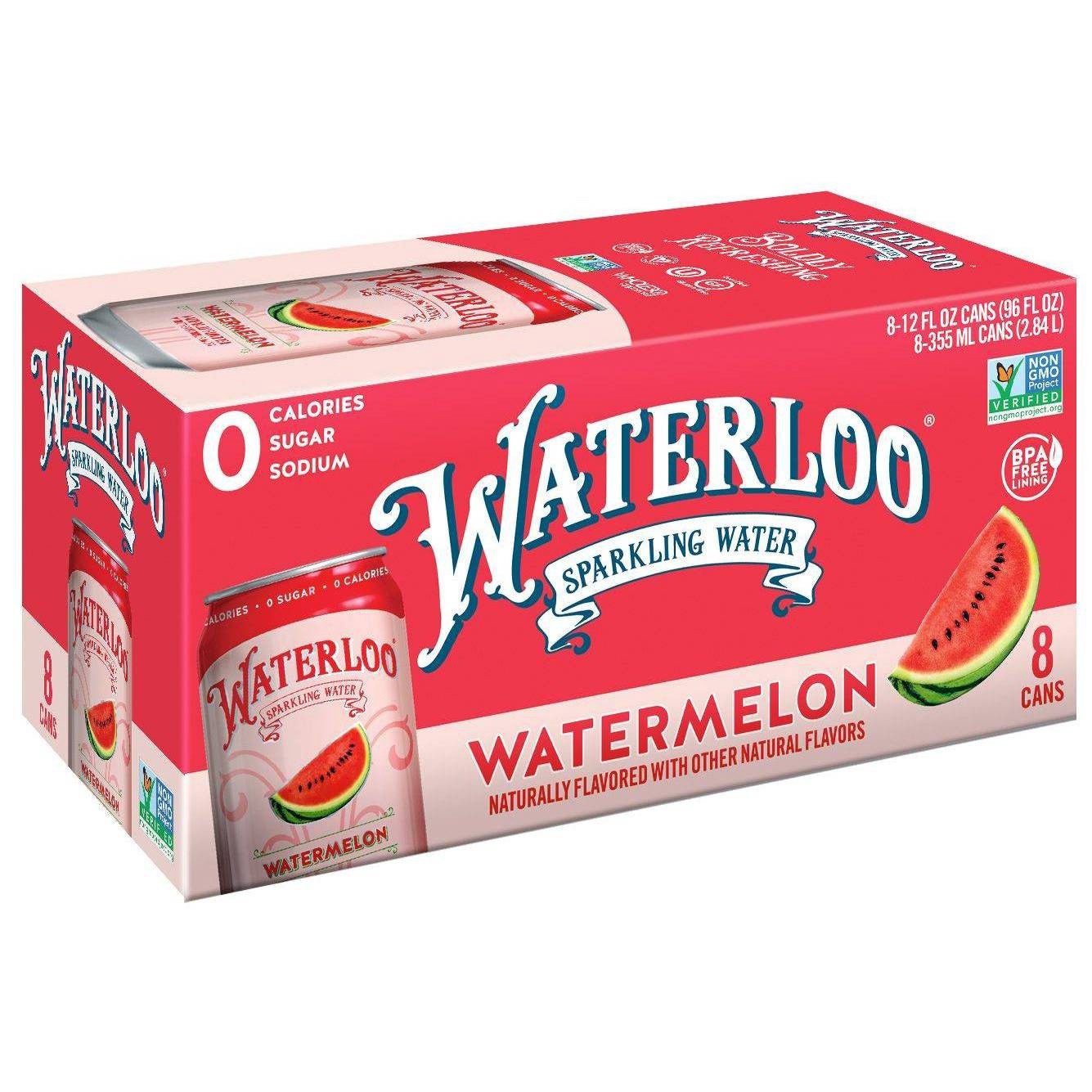 slide 1 of 2, Waterloo Watermelon Sparkling Water - 8pk / 12 fl oz Cans, 8 ct