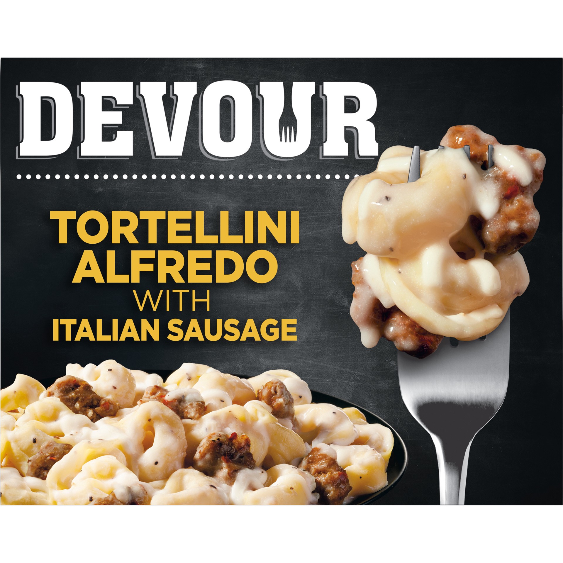 slide 1 of 10, DEVOUR Tortellini Alfredo with Italian Sausage, 11.5 oz