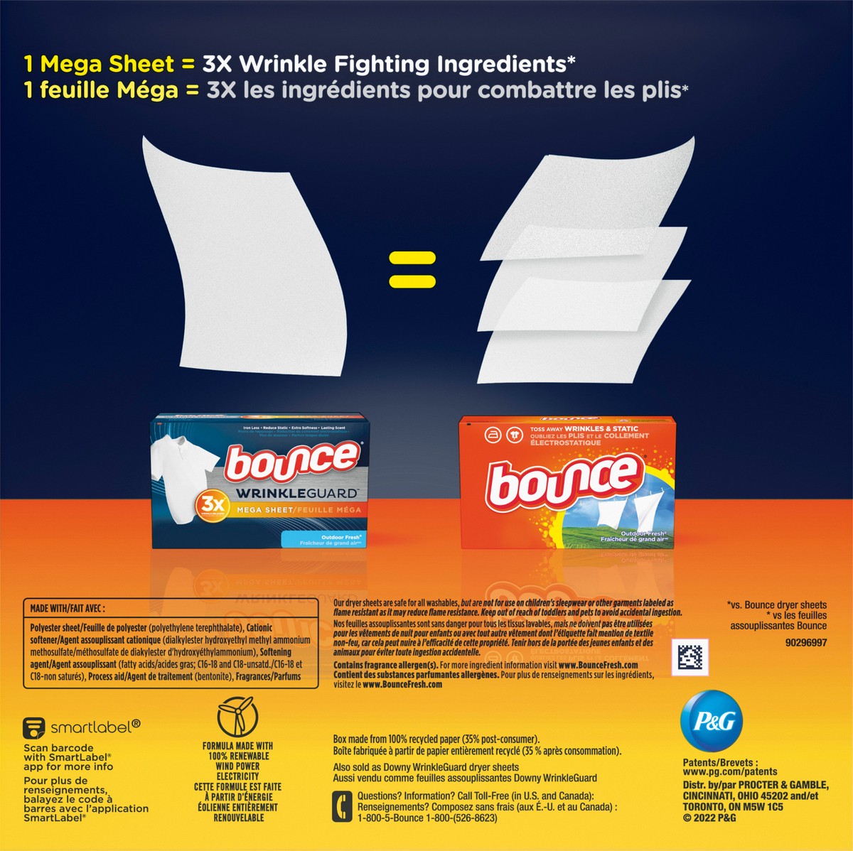 slide 7 of 7, Bounce WrinkleGuard Mega Dryer Sheets, 130 Count, Wrinkle Release Fabric Softener Sheets with Outdoor Fresh Scent, 130 ct