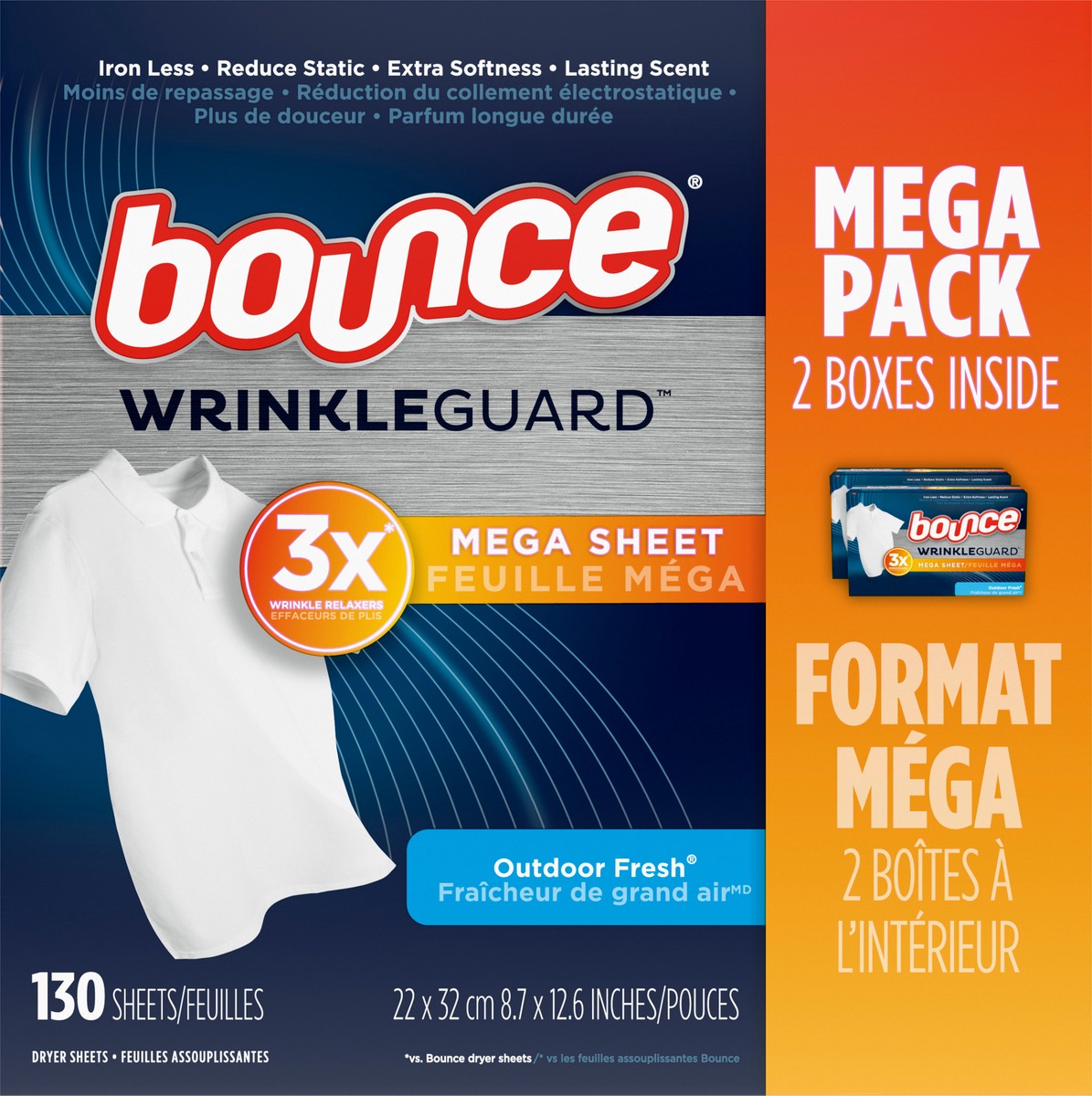 slide 2 of 7, Bounce WrinkleGuard Mega Dryer Sheets, 130 Count, Wrinkle Release Fabric Softener Sheets with Outdoor Fresh Scent, 130 ct