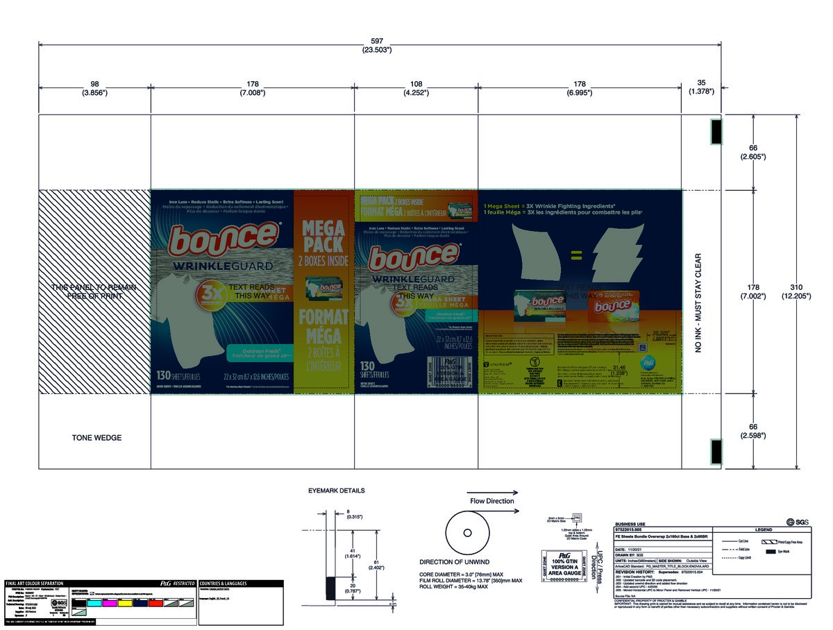 slide 3 of 7, Bounce WrinkleGuard Mega Dryer Sheets, 130 Count, Wrinkle Release Fabric Softener Sheets with Outdoor Fresh Scent, 130 ct