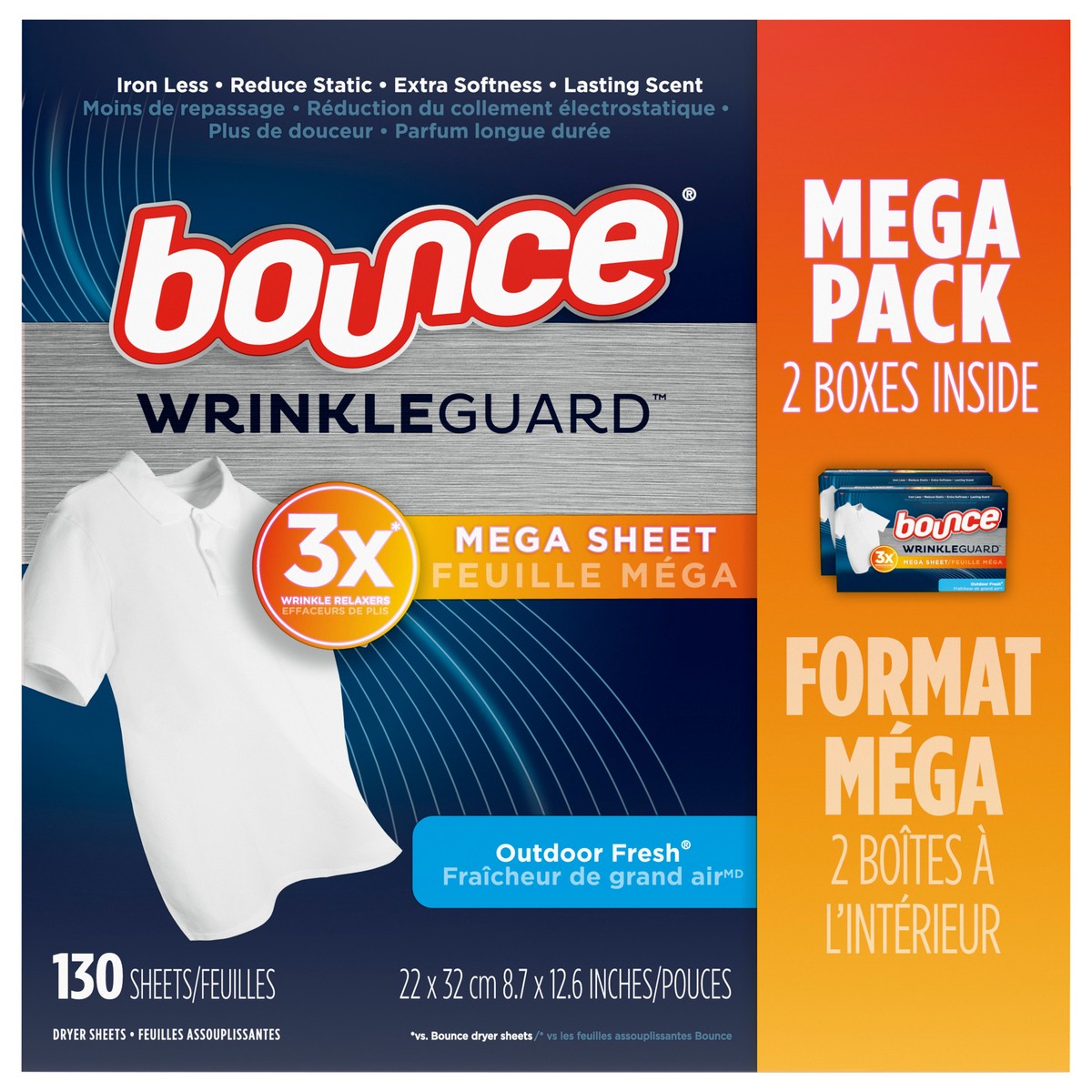 slide 1 of 7, Bounce WrinkleGuard Mega Dryer Sheets, 130 Count, Wrinkle Release Fabric Softener Sheets with Outdoor Fresh Scent, 130 ct
