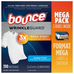 Bounce WrinkleGuard Mega Dryer Sheets, 130 Count, Wrinkle Release Fabric Softener Sheets with Outdoor Fresh Scent