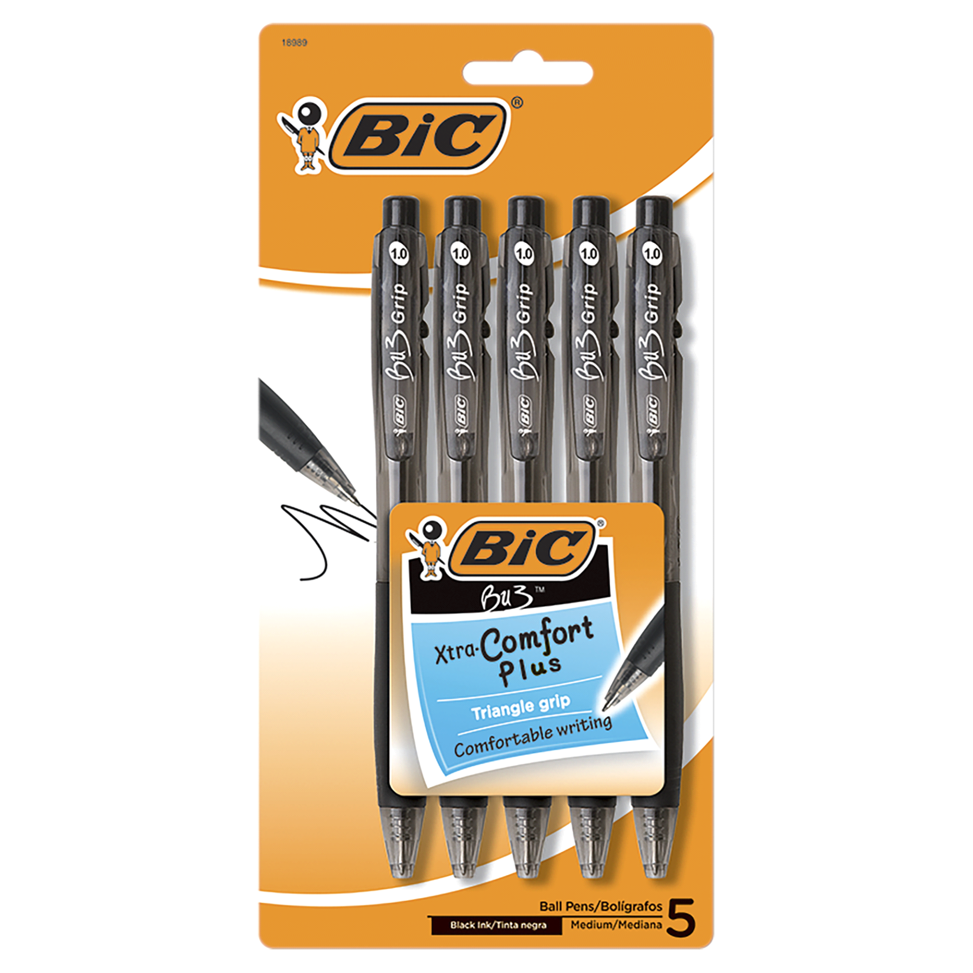 slide 1 of 1, BIC Bu3 Grip Xtra Comfort Plus Black Ink Medium Ball Pens 5 ea, 5 ct