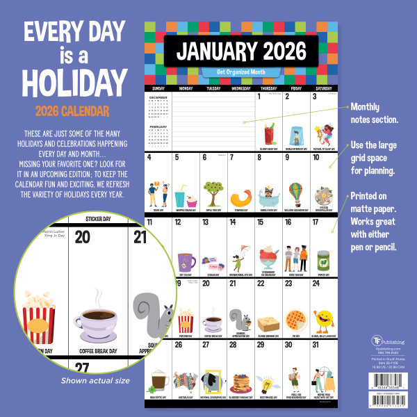 slide 3 of 5, TF Publishing 2026 TF Publishing Humor Monthly Wall Calendar, 12"" x 12"", Every Day's A Holiday, January To December, 1 ct