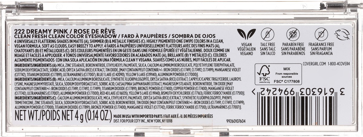 slide 4 of 10, Covergirl Dreamy Pink 222 Clean Fresh Clean Color Eyeshadow 0.14 oz, 4 g