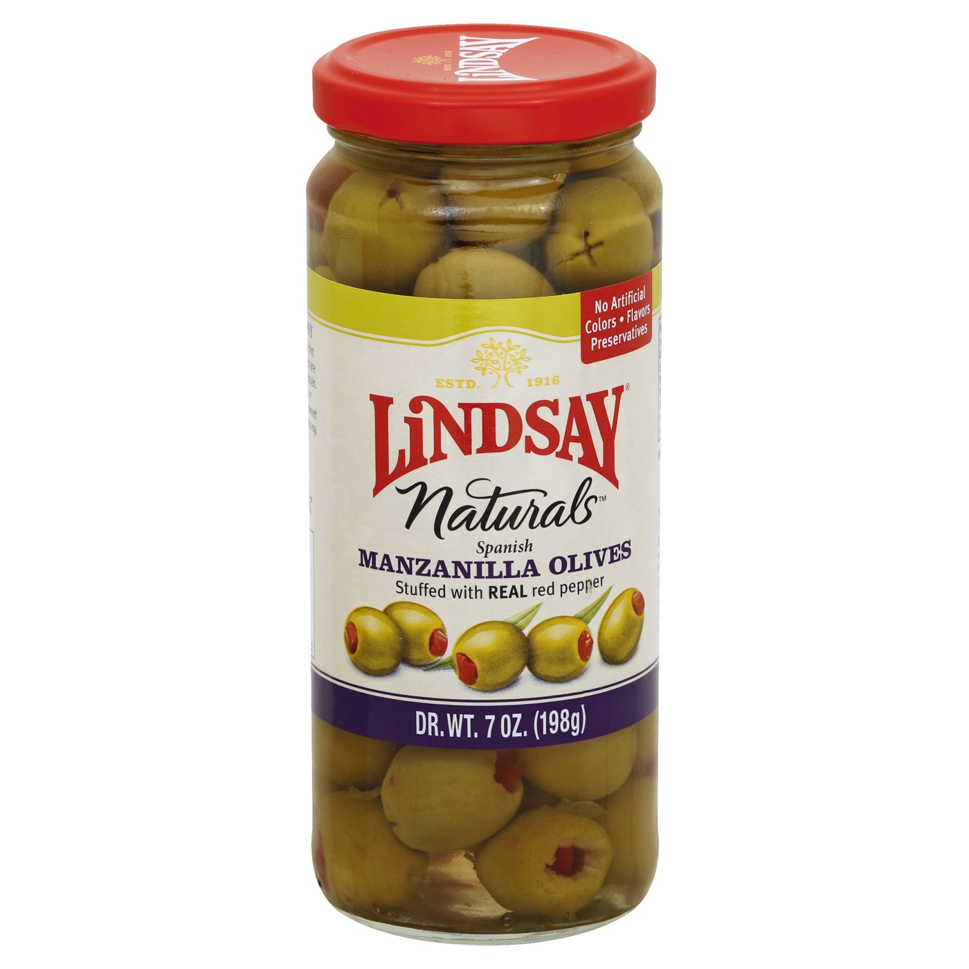 slide 1 of 6, Lindsay Naturals Spanish Manzanilla Olives Stuffed With Real Red Pepper, 7 oz