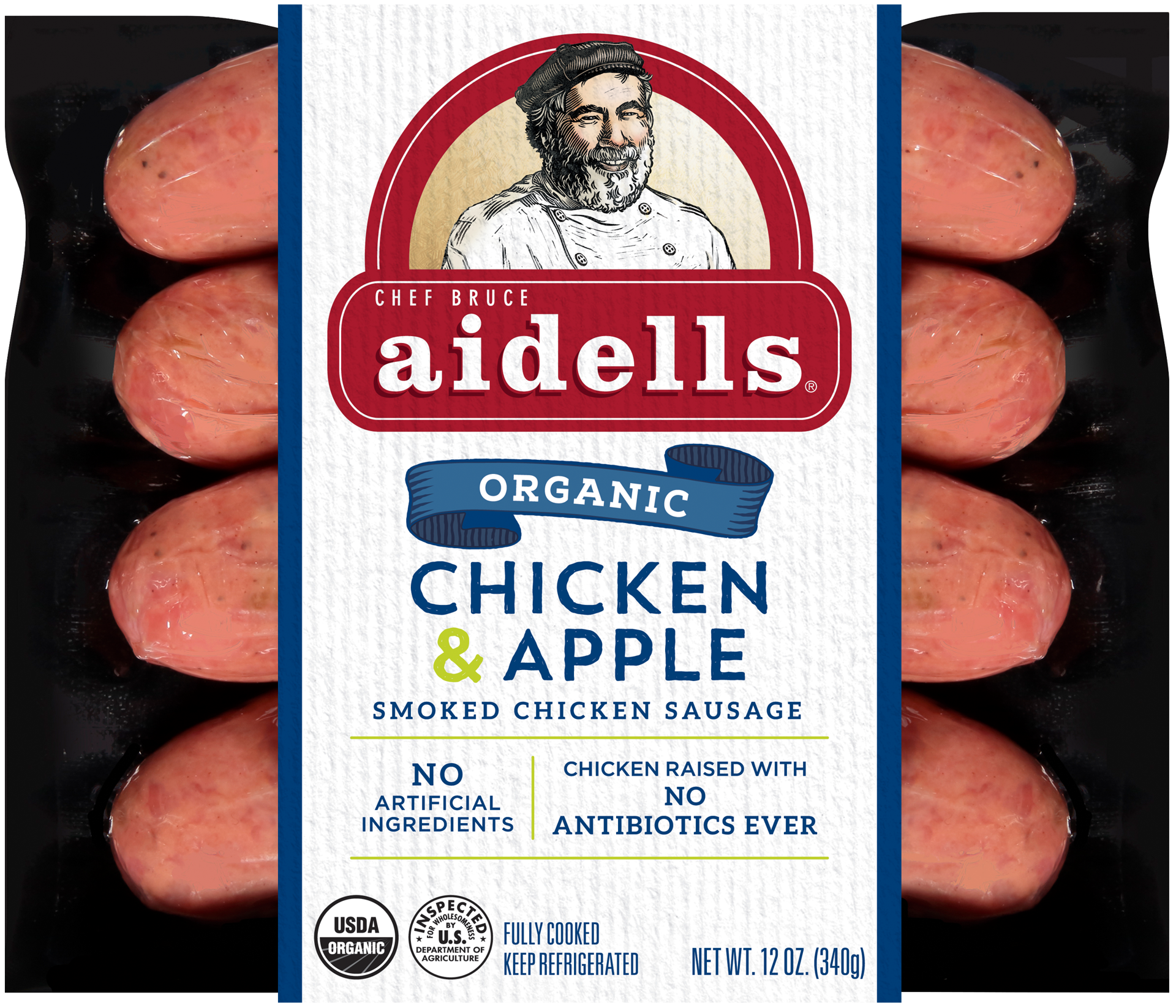 slide 1 of 8, Aidells Organic Smoked Chicken Sausage, Chicken & Apple, 12 oz. (4 Fully Cooked Links), 340.19 g