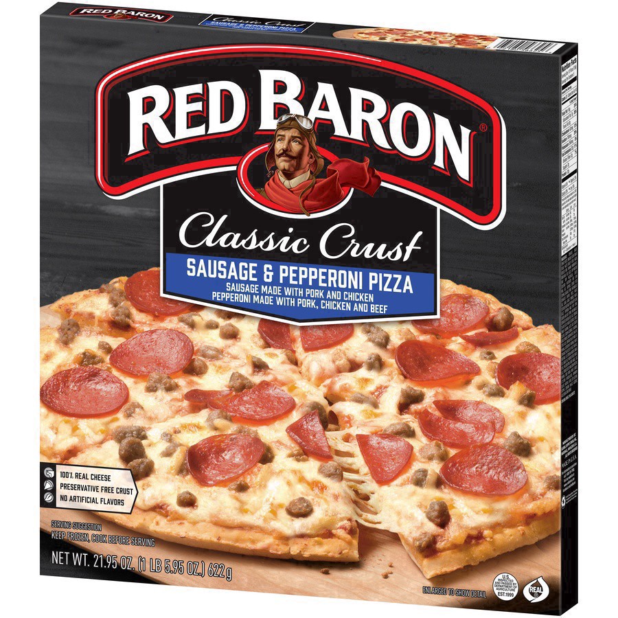 slide 27 of 49, Red Baron Frozen Pizza Classic Crust Sausage & Pepperoni, 21.95 oz