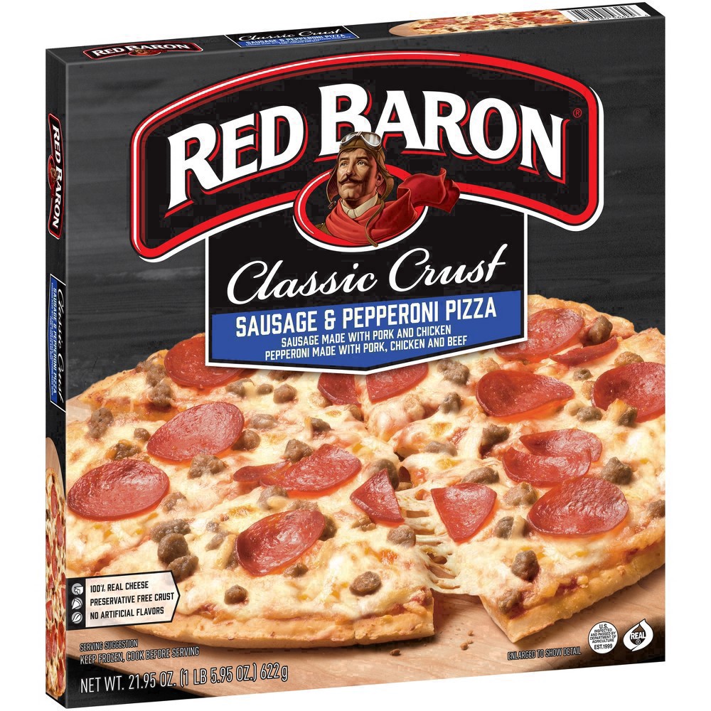 slide 8 of 49, Red Baron Frozen Pizza Classic Crust Sausage & Pepperoni, 21.95 oz