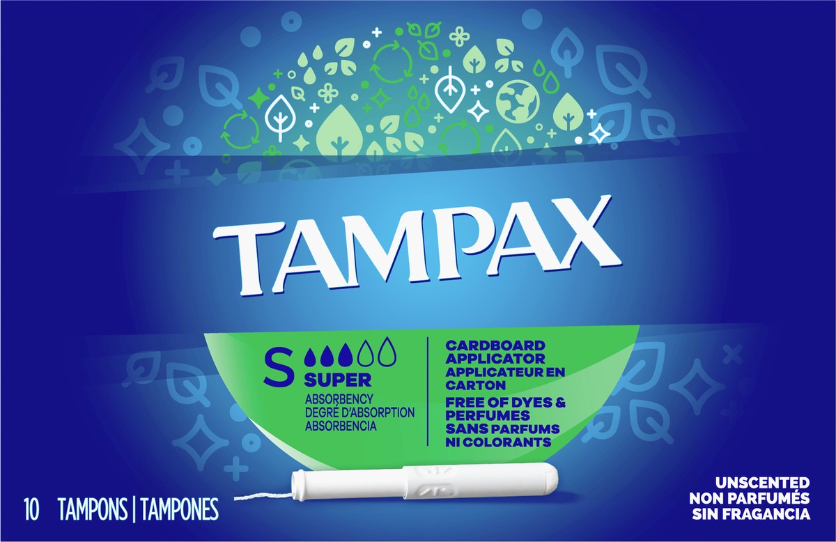 slide 5 of 5, Tampax Cardboard Tampons Super Absorbency, Anti-Slip Grip, LeakGuard Skirt, Unscented, 10 Count, 10 ct