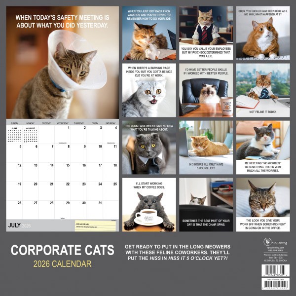slide 4 of 5, TF Publishing 2026 TF Publishing Humor Monthly Wall Calendar, 12"" x 12"", Corporate Cats, January To December, 1 ct