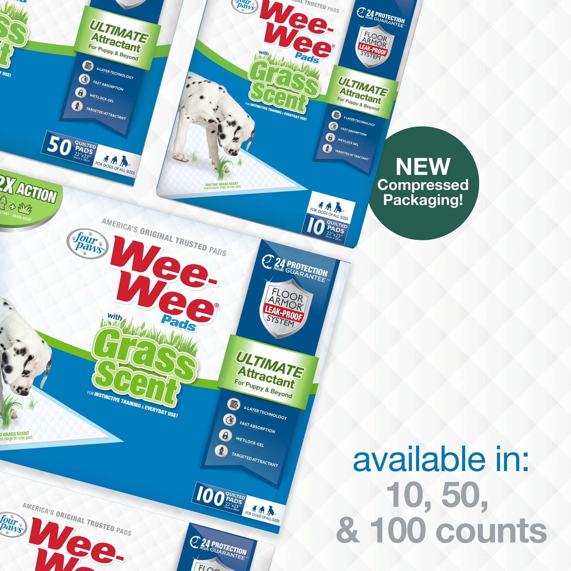 slide 5 of 10, Four Paws Four Paws Wee-Wee Ultimate Attractant Dog Pee Pads with Grass Scent 22" x 23" (50 Pack), 50 ct