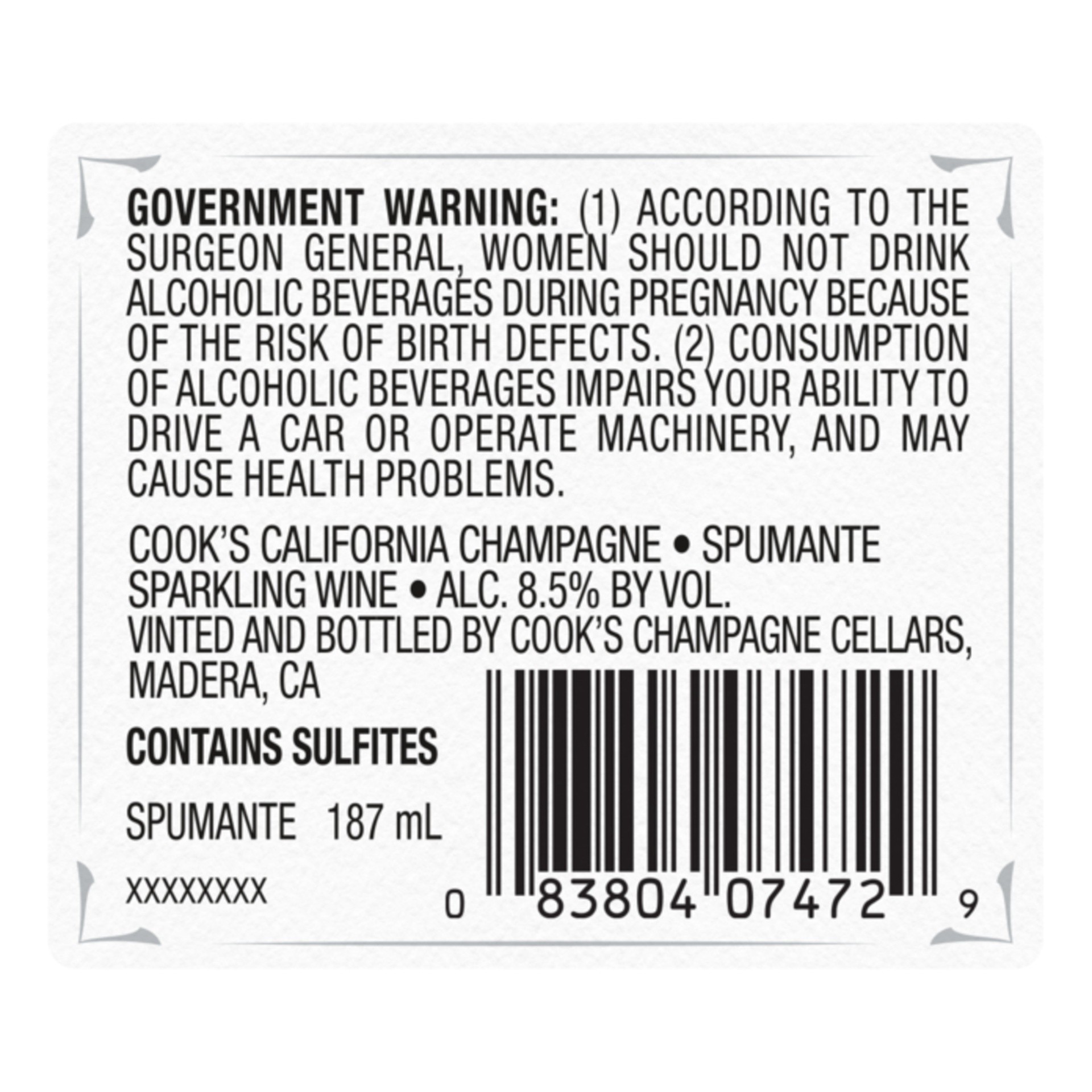 slide 3 of 7, Cook's California Champagne Spumante White Sparkling Wine, 4 pk 187 mL Mini Bottles, 25.29 fl oz