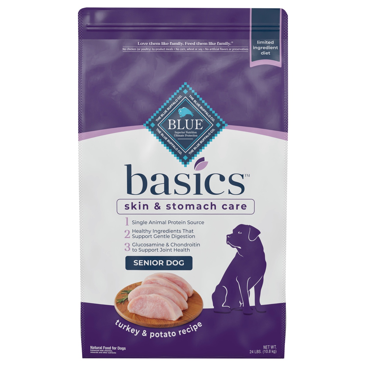 slide 1 of 1, Blue Buffalo Basics Skin & Stomach Care, Natural Senior Dry Dog Food, Turkey & Potato 24-lb, 24 lb