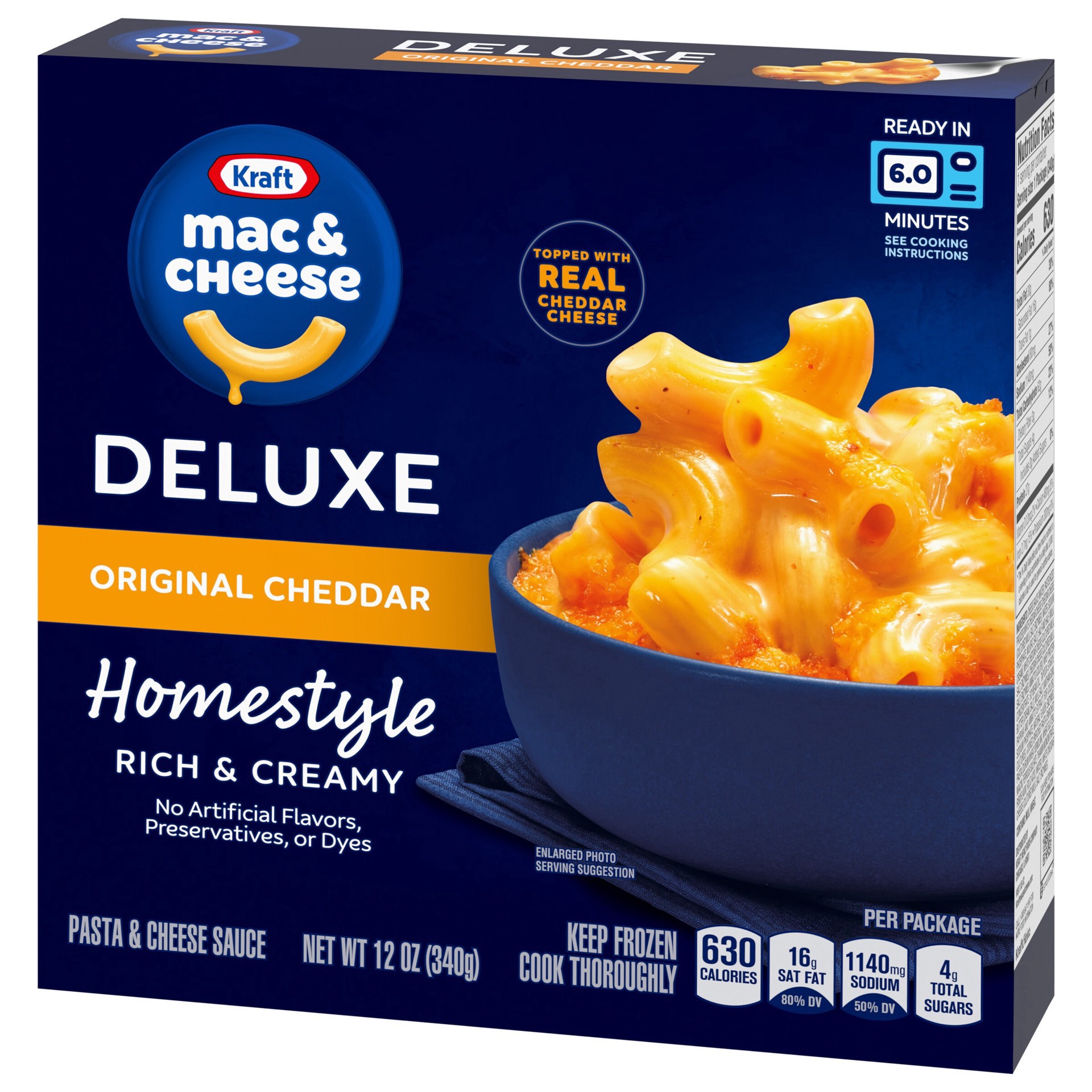 slide 5 of 7, Kraft Deluxe Frozen Meal, Original Cheddar Mac & Cheese, Macaroni and Cheese Dinner, 12 oz, 12 oz