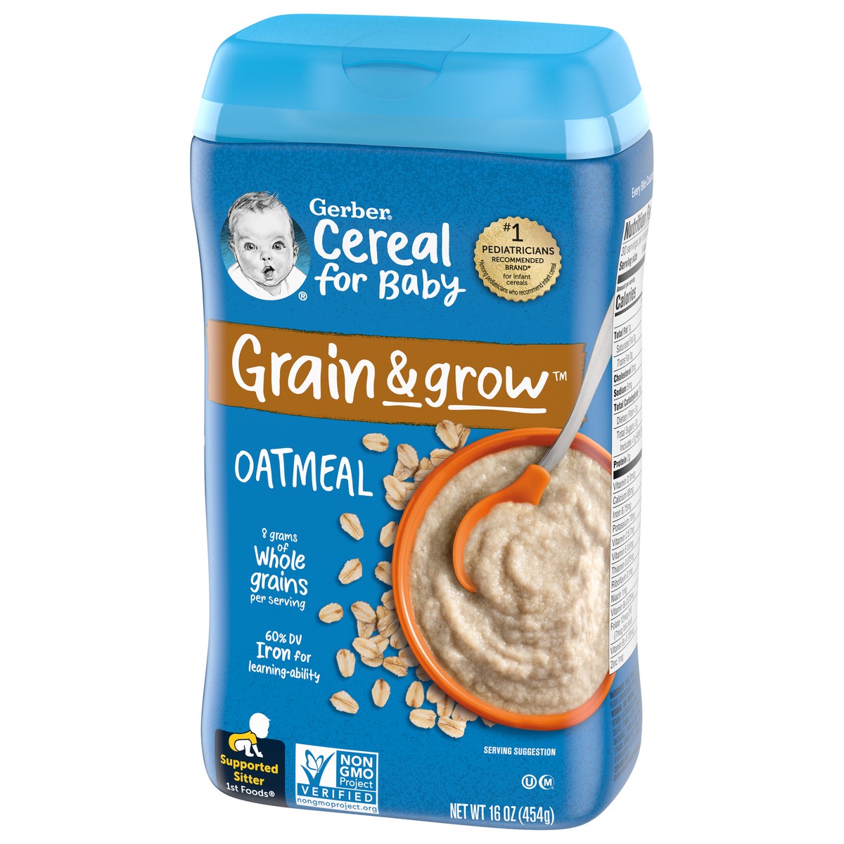 slide 4 of 9, Gerber 1st Foods Cereal for Baby Grain & Grow Baby Cereal, Oatmeal, 16 oz Canister, 16 oz