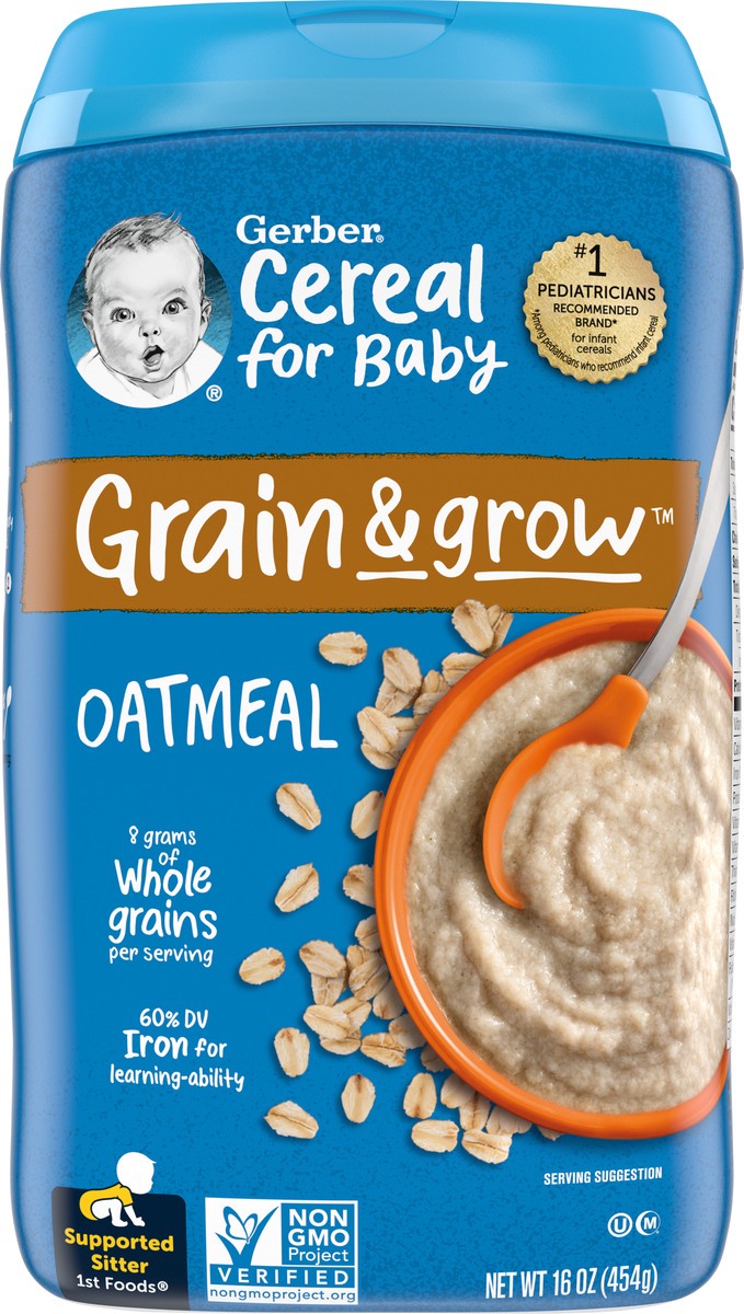 slide 2 of 9, Gerber 1st Foods Cereal for Baby Grain & Grow Baby Cereal, Oatmeal, 16 oz Canister, 16 oz