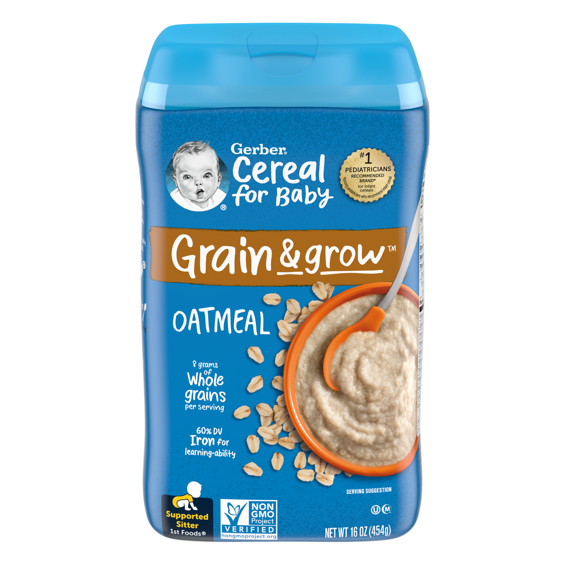 slide 1 of 9, Gerber 1st Foods Cereal for Baby Grain & Grow Baby Cereal, Oatmeal, 16 oz Canister, 16 oz