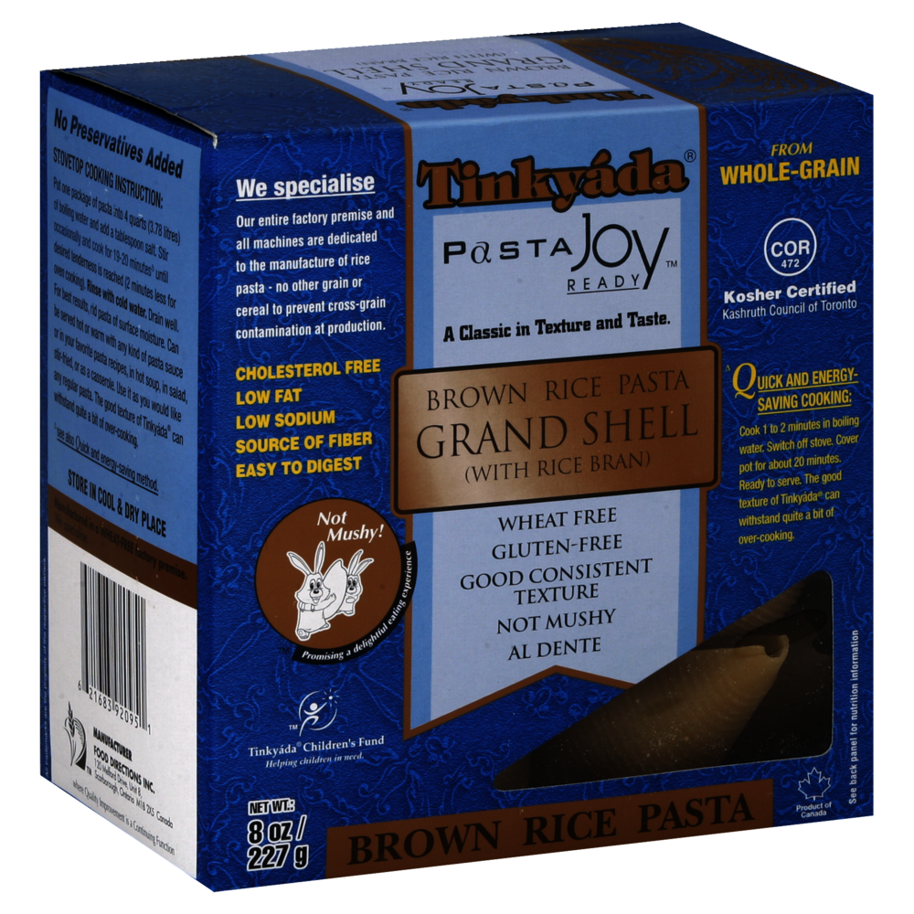 slide 1 of 1, Tinkyada Brown Rice Pasta, with Rice Bran, Grand Shell, 8 oz