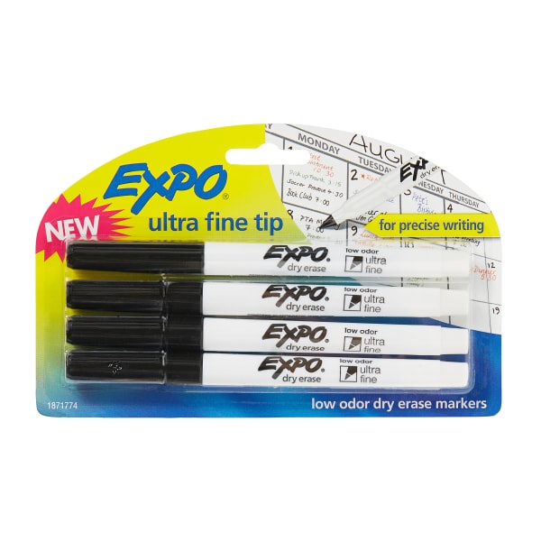 slide 1 of 5, Expo Low-Odor Dry-Erase Markers, Ultra-Fine Point, Black, Pack Of 4, 4 ct