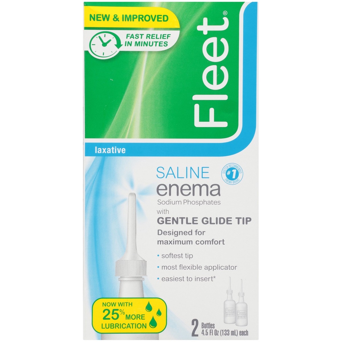 slide 10 of 10, Fleet Laxatives, Saline Enema for Adult Constipation Relief, Prefilled Enema Kit for Fast Acting Constipation Relief, 4.5 fl oz, 2 Bottles, 9 oz