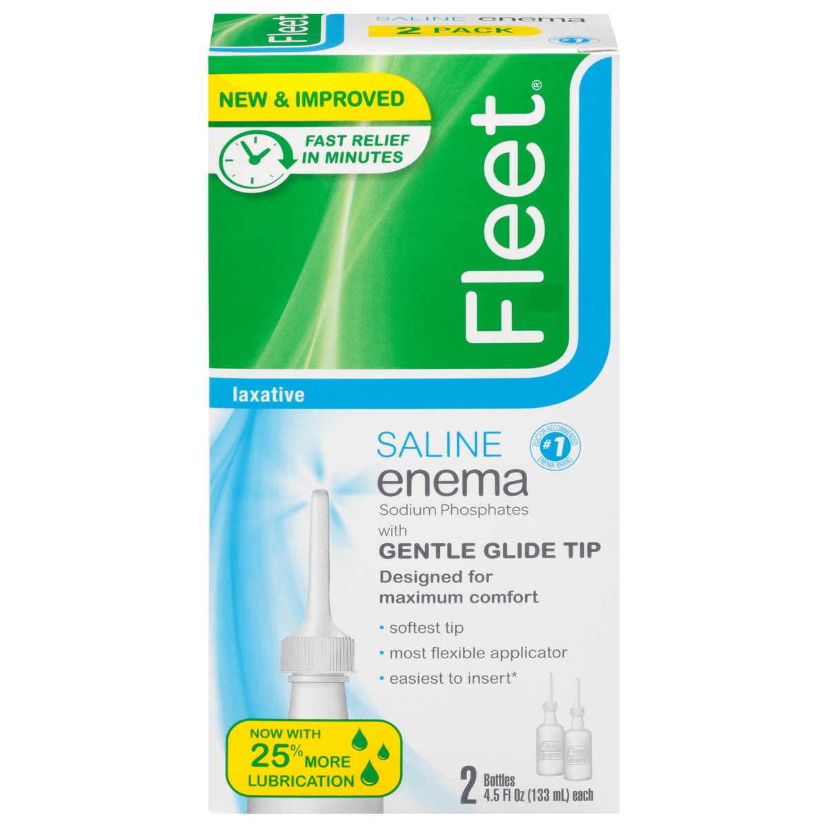 slide 7 of 10, Fleet Laxatives, Saline Enema for Adult Constipation Relief, Prefilled Enema Kit for Fast Acting Constipation Relief, 4.5 fl oz, 2 Bottles, 9 oz