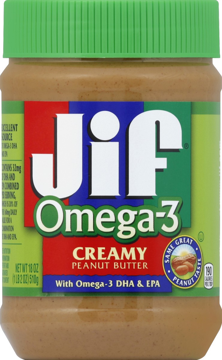 slide 2 of 2, Jif Omega-3 Creamy Peanut Butter, 18 oz