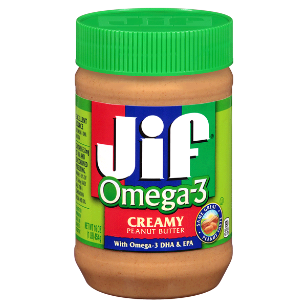 slide 1 of 2, Jif Omega-3 Creamy Peanut Butter, 18 oz