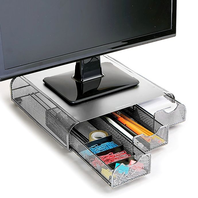 slide 1 of 2, Mind Reader Mesh Monitor Stand and Desk Organizer - Silver, 1 ct