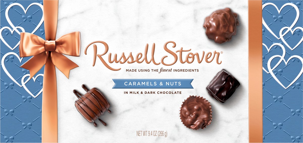 slide 4 of 10, RUSSELL STOVER Valentine's Day Assorted Caramels & Nuts Milk & Dark Chocolate Gift Box, 9.4 oz. (16 pieces), 9.4 oz