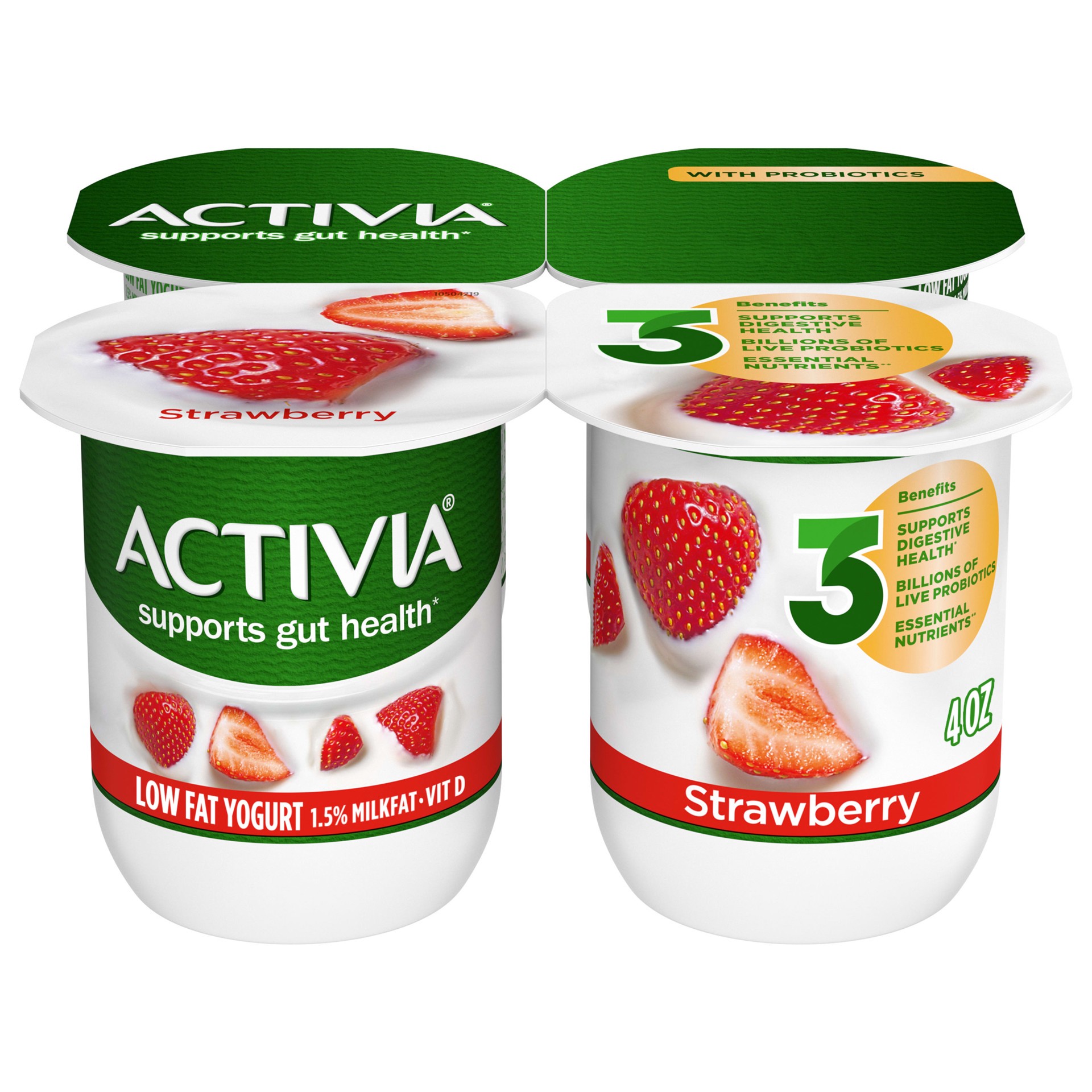 slide 1 of 10, Activia DANNON Low Fat Probiotic Strawberry Yogurt - 4ct/4oz Cups, 4 oz