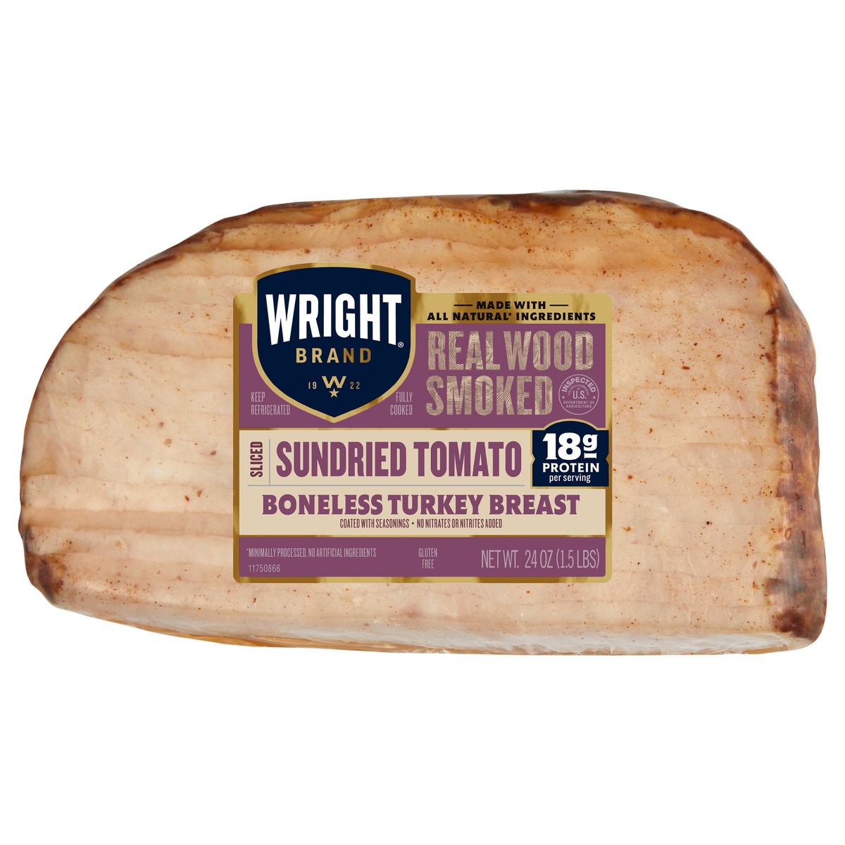 slide 1 of 10, Wright Brand Fully Cooked Real Wood Smoked Sundried Tomato Boneless Turkey Breast, 24 OZ, 24 oz