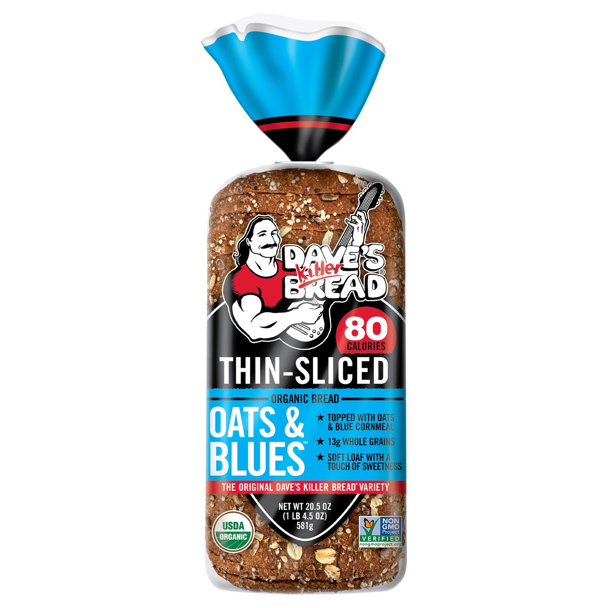 slide 1 of 15, Dave's Killer Bread Organic Oats & Blues Bread Thin-Sliced, Organic Oats & Blue Cornmeal Topped, 20.5 oz Loaf, 20.5 oz